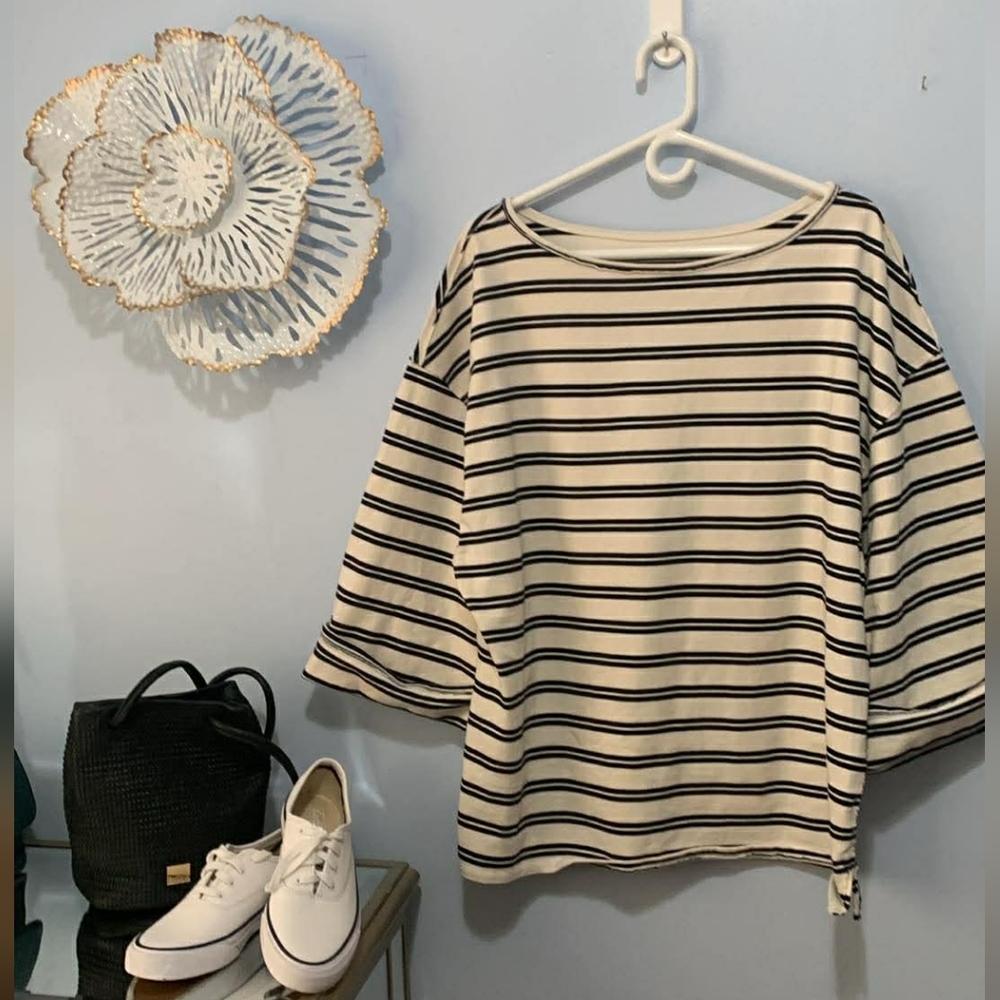 We The Free Cream and Black Striped Boatneck Top